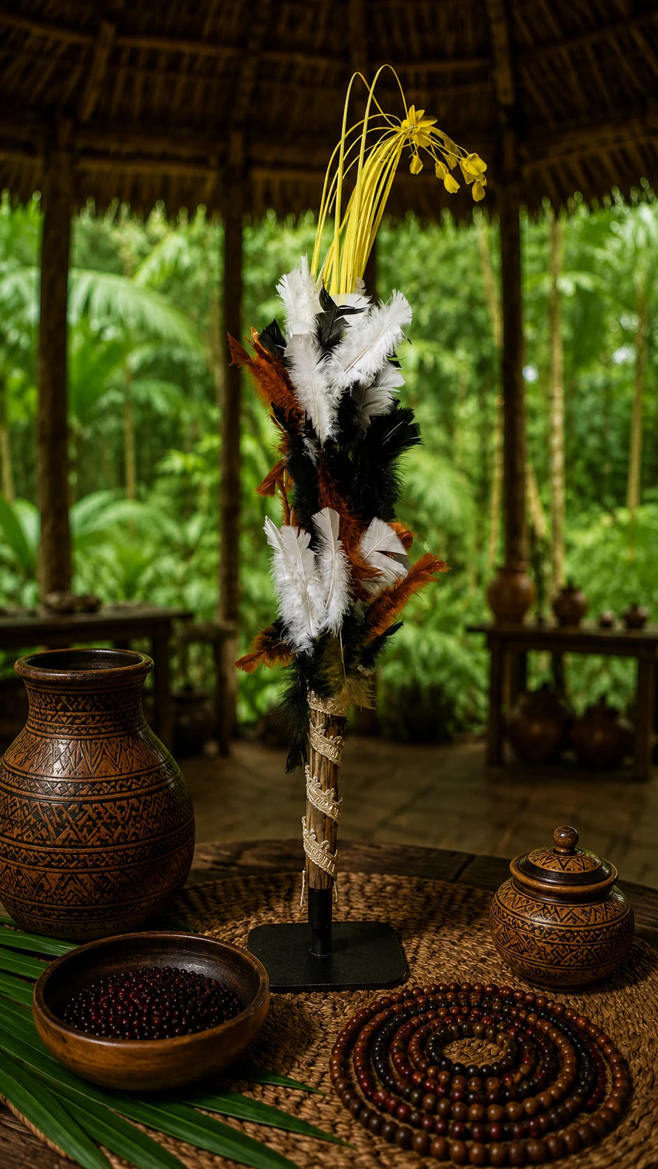 Bastón Ceremonial Chamánico con Plumas Multicolores y Flores