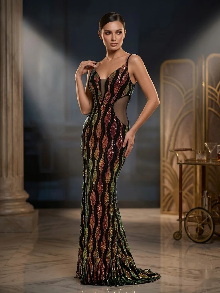 Vestido Negro con Ondas Multicolores de Lentejuelas